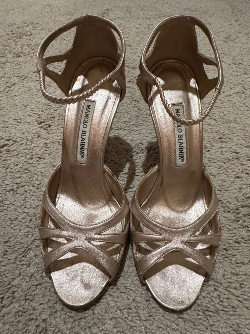 Manolo Blahnik Rose Gold Leather Strappy Heels